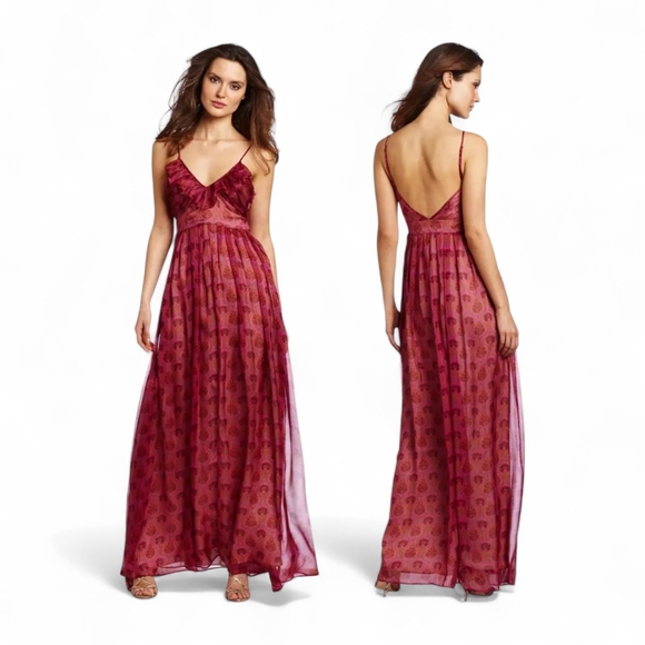 Anthropologie Dresses & Skirts - Anthro Aryn K Vintage Lotus Dress Red Silk Ruffle V-Neck Sleeveless Size Medium